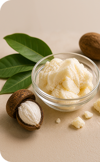 Shea butter in a glass bowl with shea nuts and leaves on a beige background