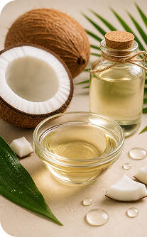 Coconut and coconut oil on a light background