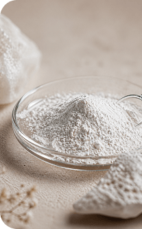 Powdered substance in a glass container on a textured surface