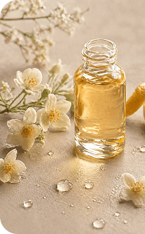 Glass bottle of oil with white flowers on a light background