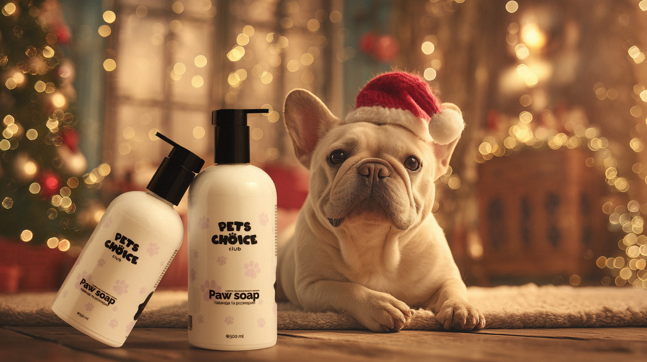 Dog wearing a Santa hat with 'Pet's Choice' paw soap bottles in front of a Christmas tree.