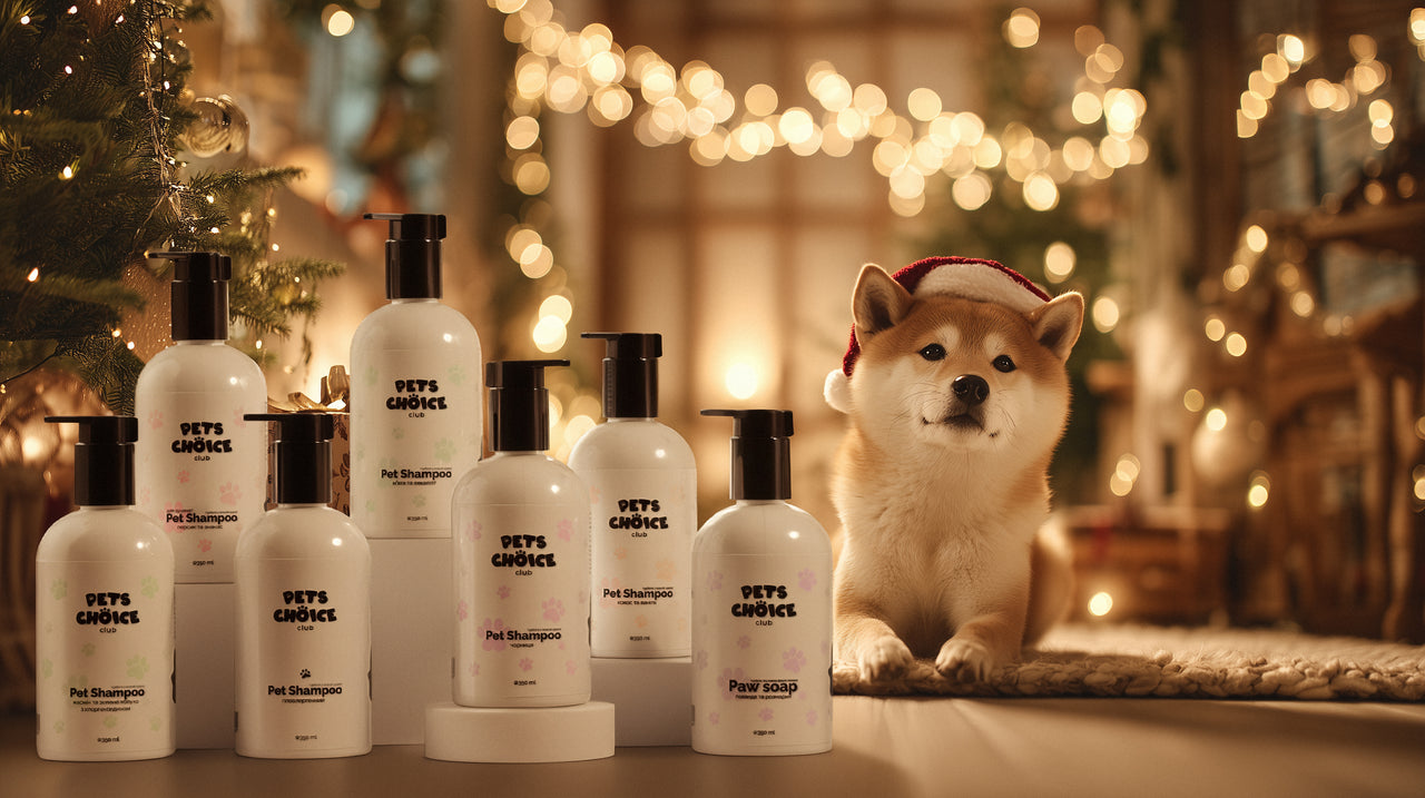 Dog grooming products with a dog wearing a Santa hat in a festive setting