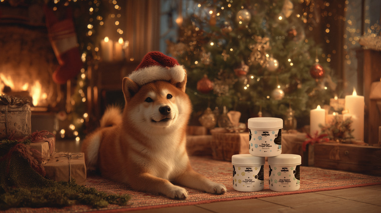Dog wearing a Santa hat in a festive setting with Christmas tree and candles.