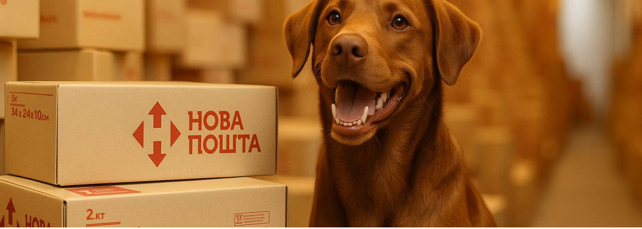 Brown dog sitting next to a stack of cardboard boxes with 'Nova Poshta' branding.