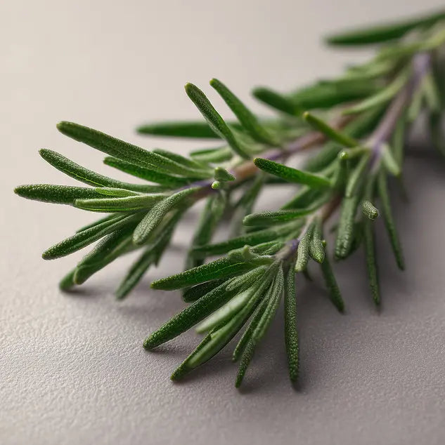 Close-up of a rosemary branch on a light gray background
