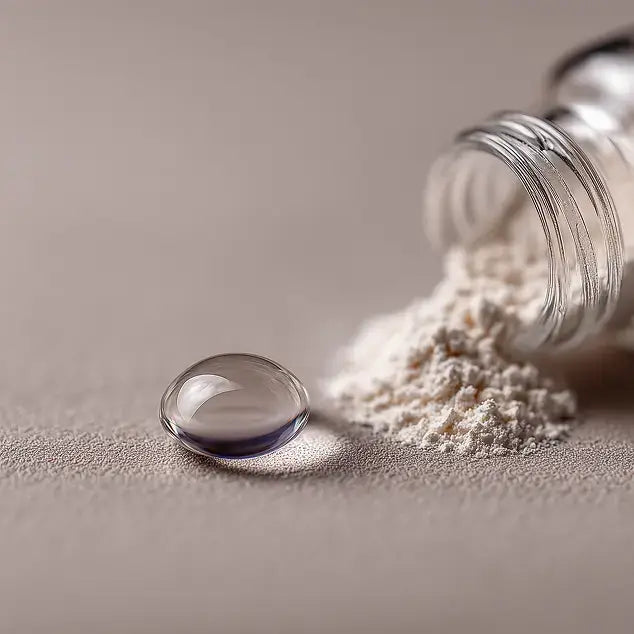 Clear gelatin capsule with white powder spilling from a glass container on a beige surface