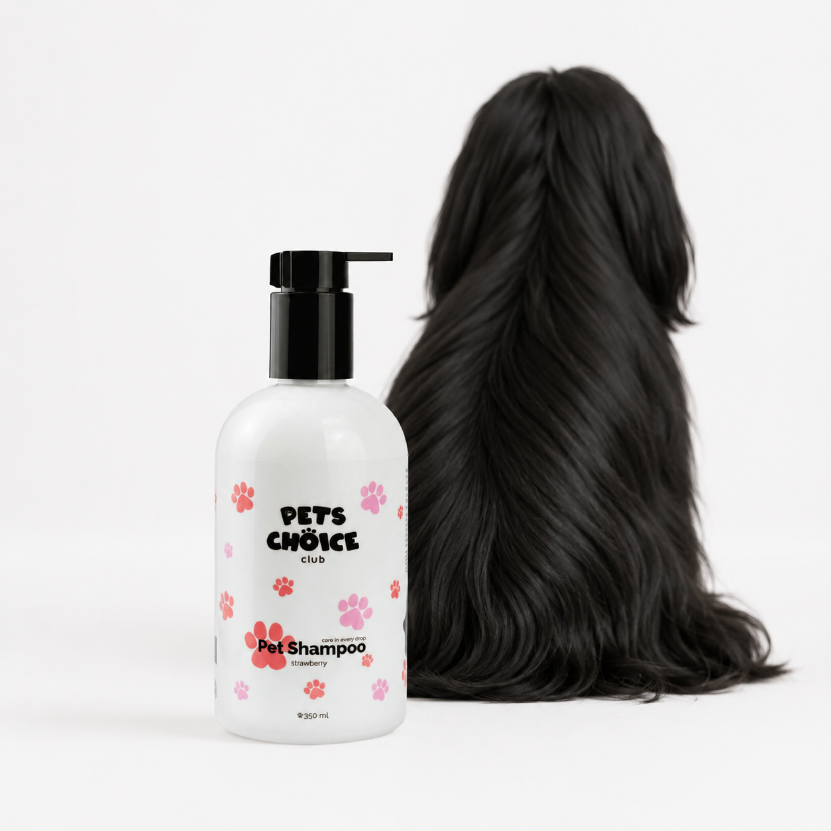 A bottle of Pets Choice Cluck pet shampoo stands in front of a large black dog headless wig on a clean white background.