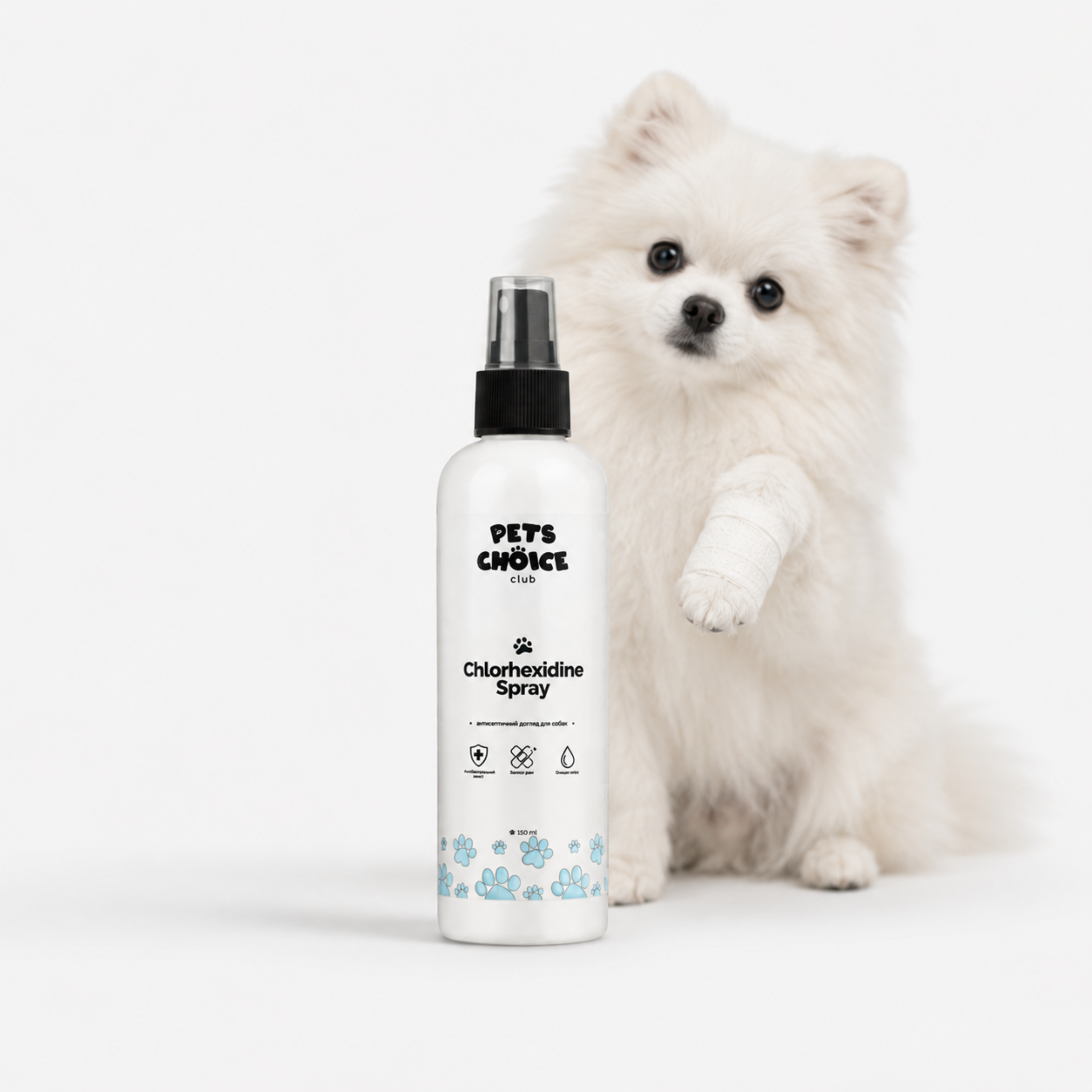 A white bottle of Pets Choice Chloretidine Spray for pets, standing next to a fluffy white Pomeranian dog on a clean white background.