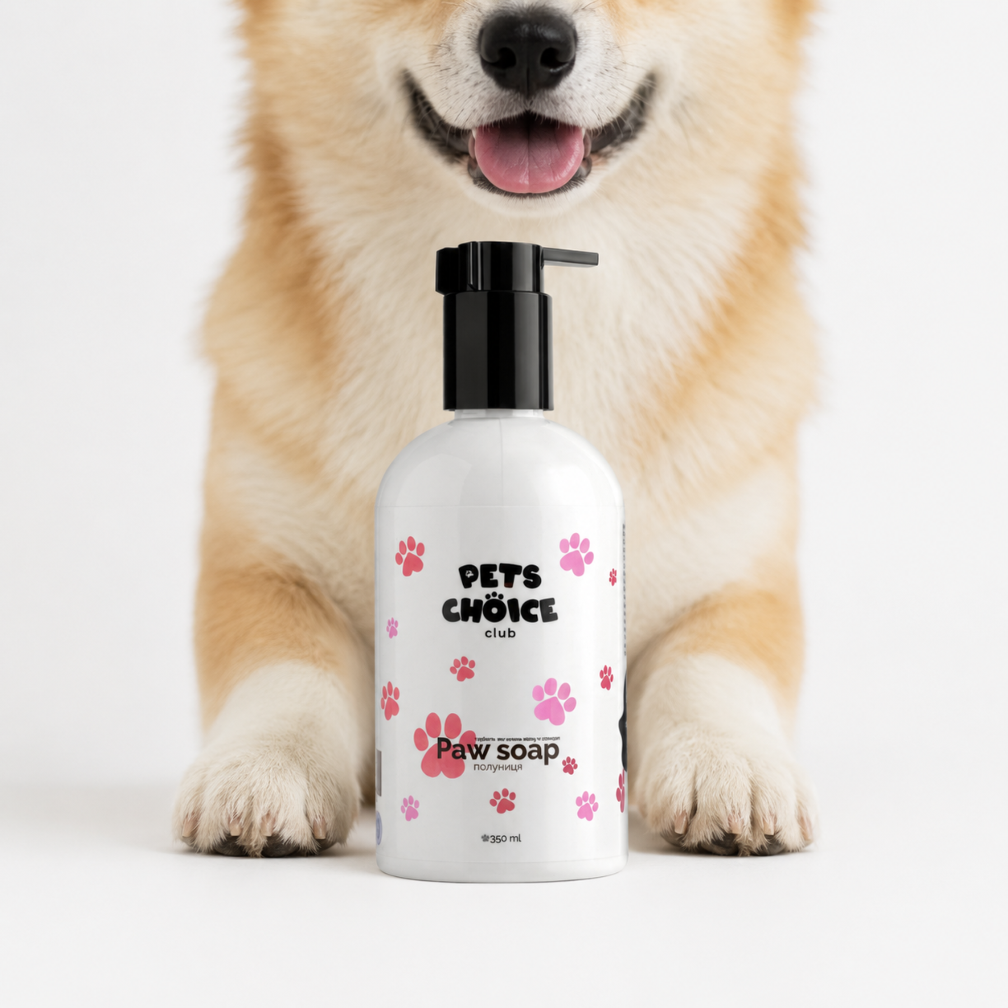 A white bottle of Paw soap dog shampoo with a black pump dispenser, decorated with pink paw prints, positioned in front of a smiling golden dog on a white background.