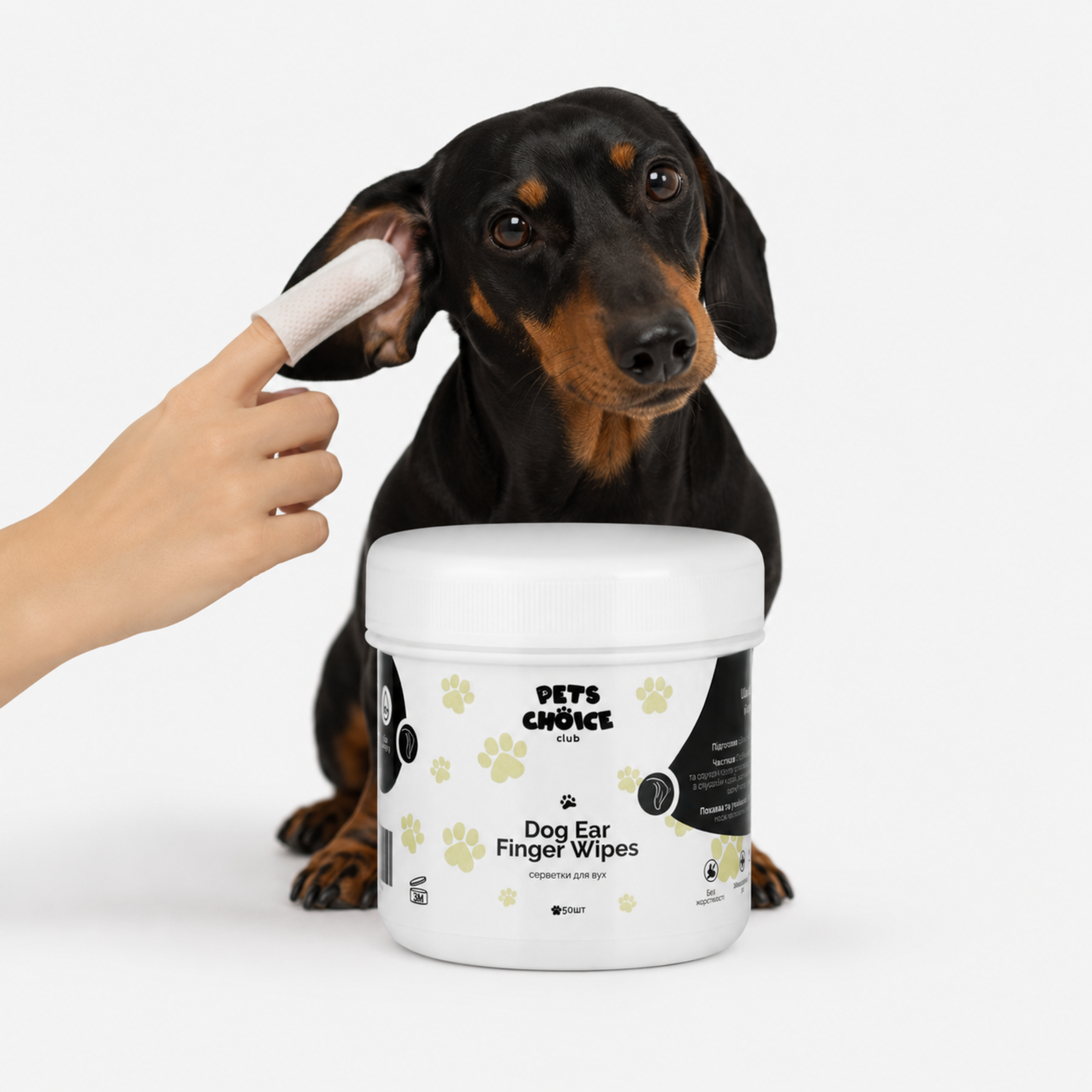A dachshund sits behind a white tub of Pets Choice Dog Ear Finger Wipes while a human hand applies a white wipe to its ear against a clean white background.