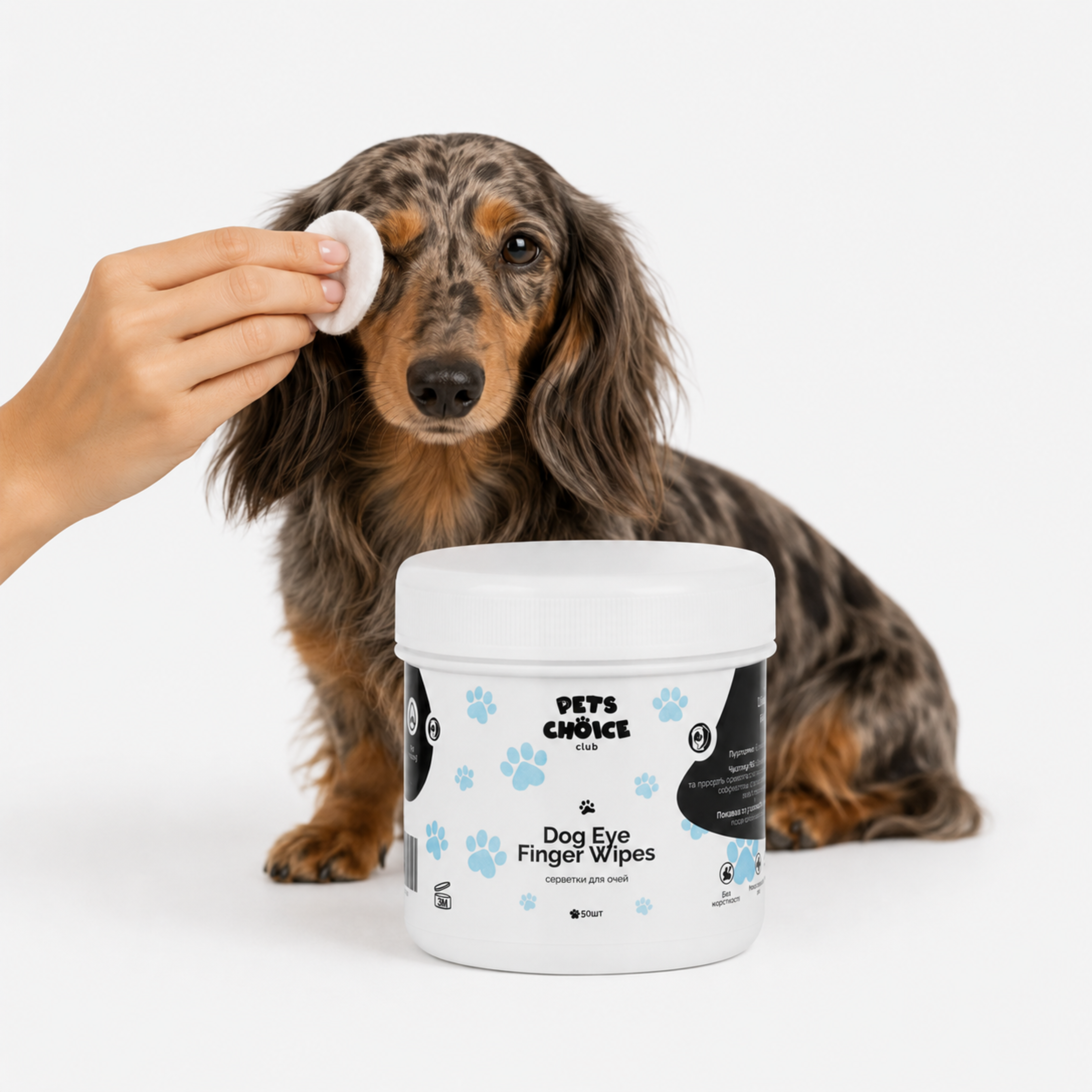 A dachshund sits on a white studio background while a human hand wipes its eye with a cotton pad. In front of the dog is a white tub of Pet's Choice Dog Eye Finger Wipes with blue paw print graphics.