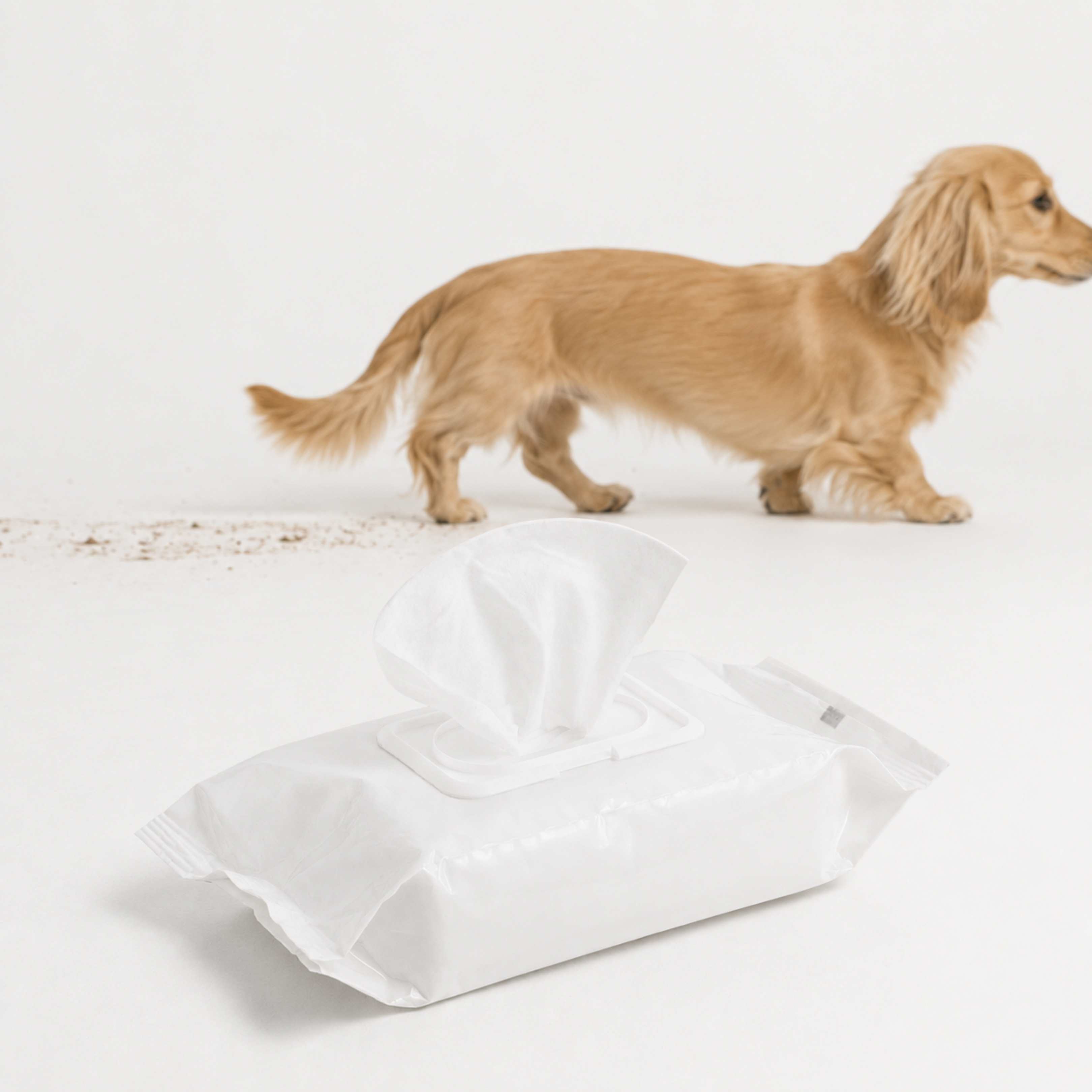 A pack of white wipes with a tissue pull-tab design in the foreground, with a golden dachshund walking in the background on a clean white studio floor.