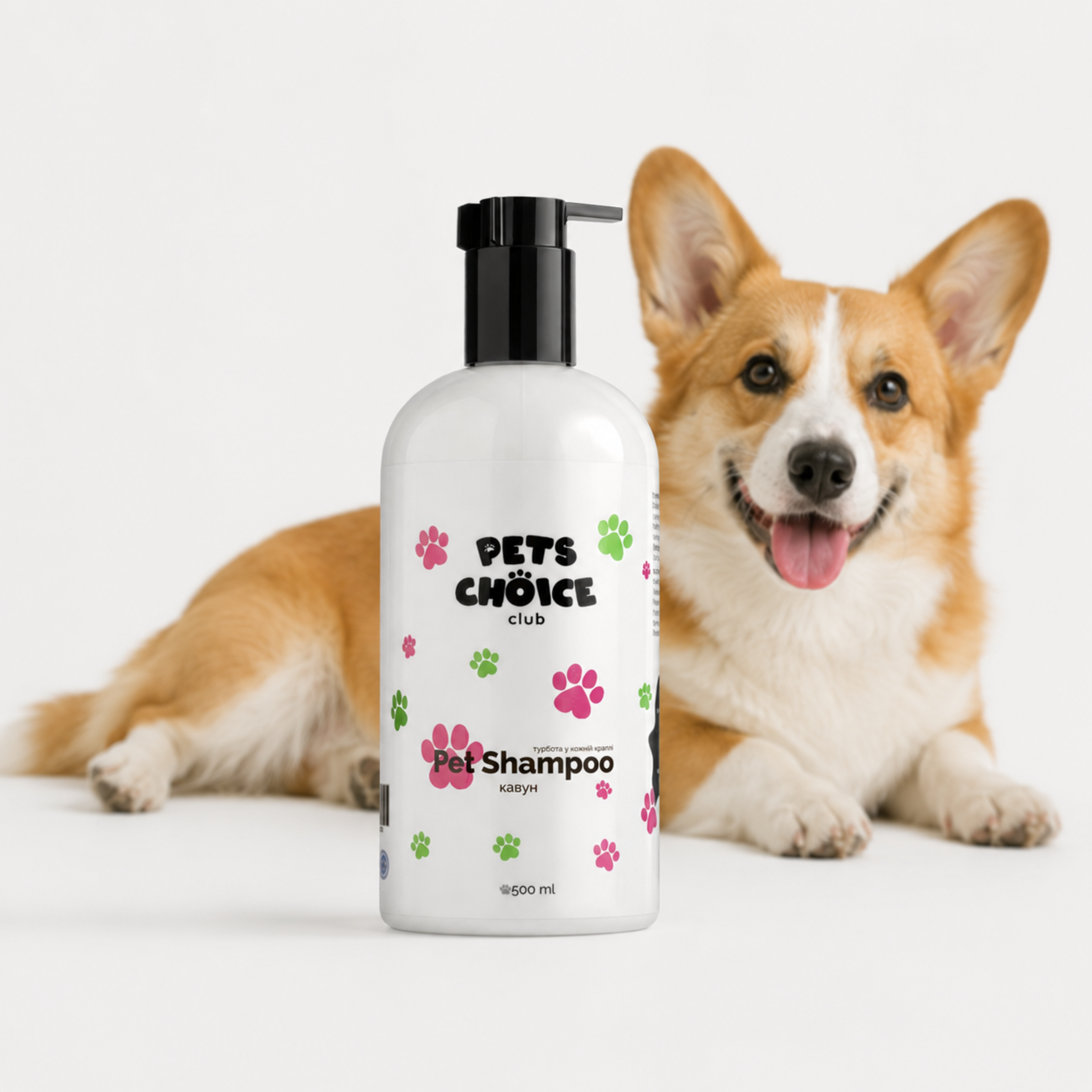 A bottle of Pets Choice Club Pet Shampoo stands in front of a smiling corgi dog on a clean white background.