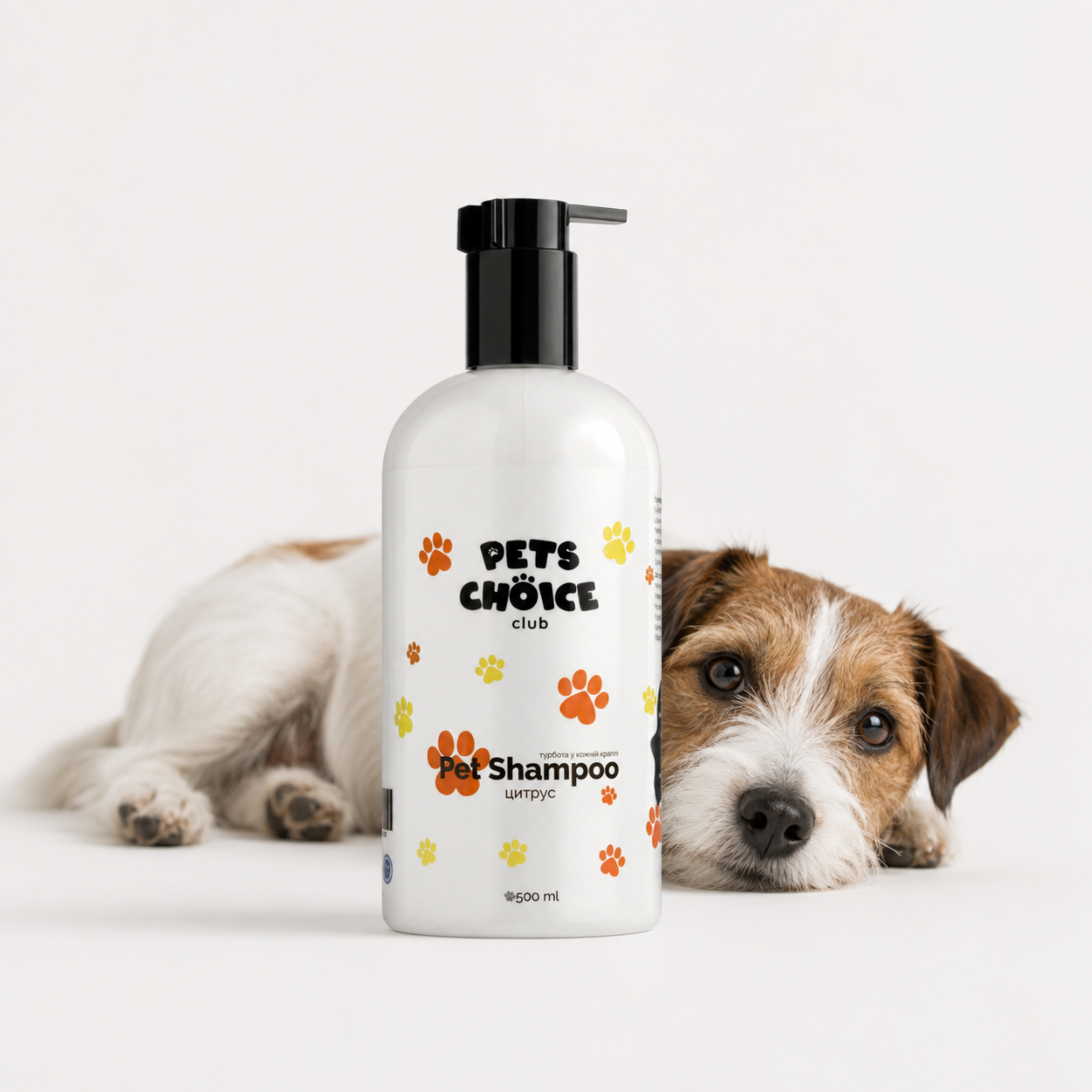A bottle of Pets Choice Club pet shampoo stands in front of a small brown and white dog on a clean white studio background. The bottle is white with a black pump and printed with orange and yellow paw prints and the brand name 'PETS CHOICE CLUB'.