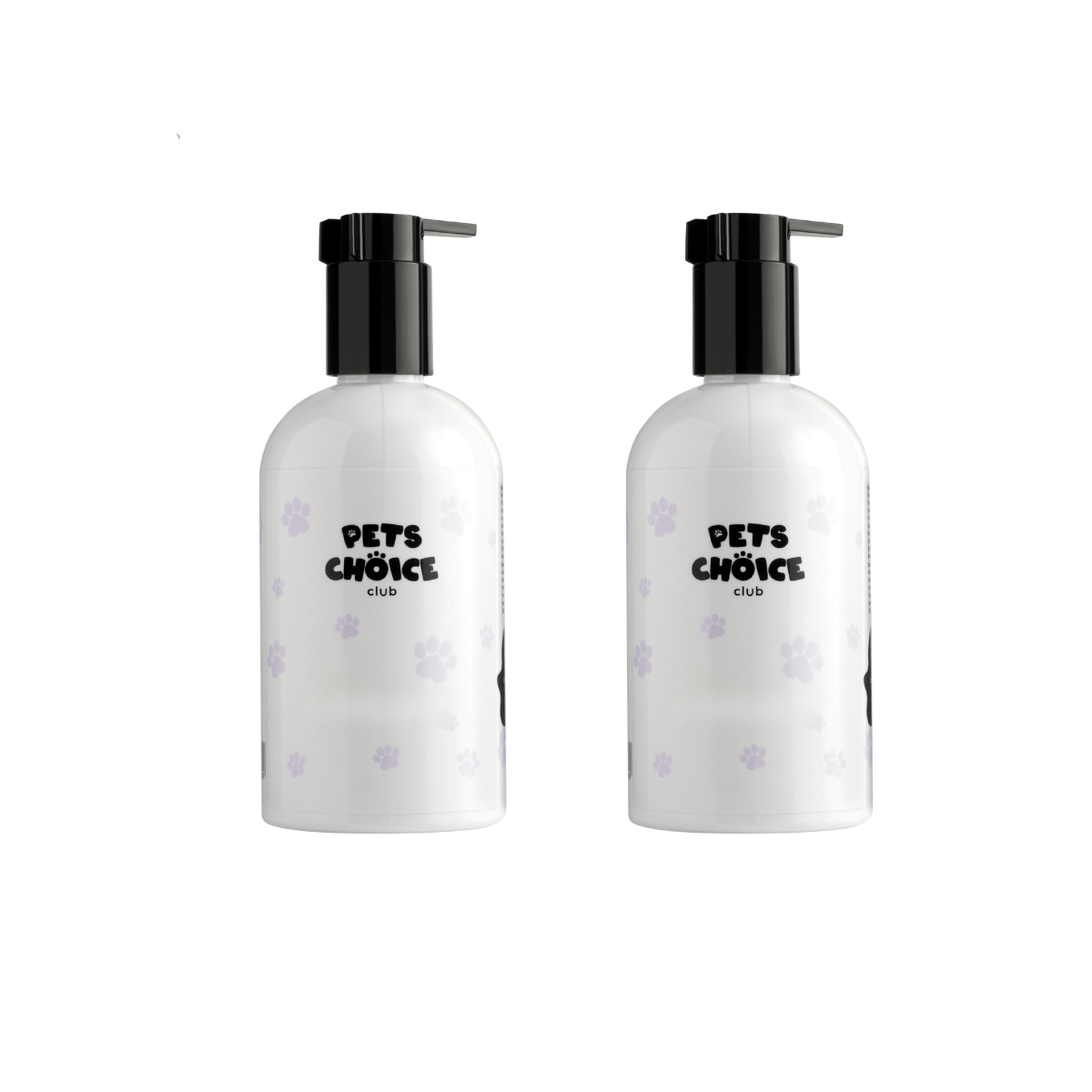 Two white bottles with black pump lids labeled 'Pets Choice' on a white background