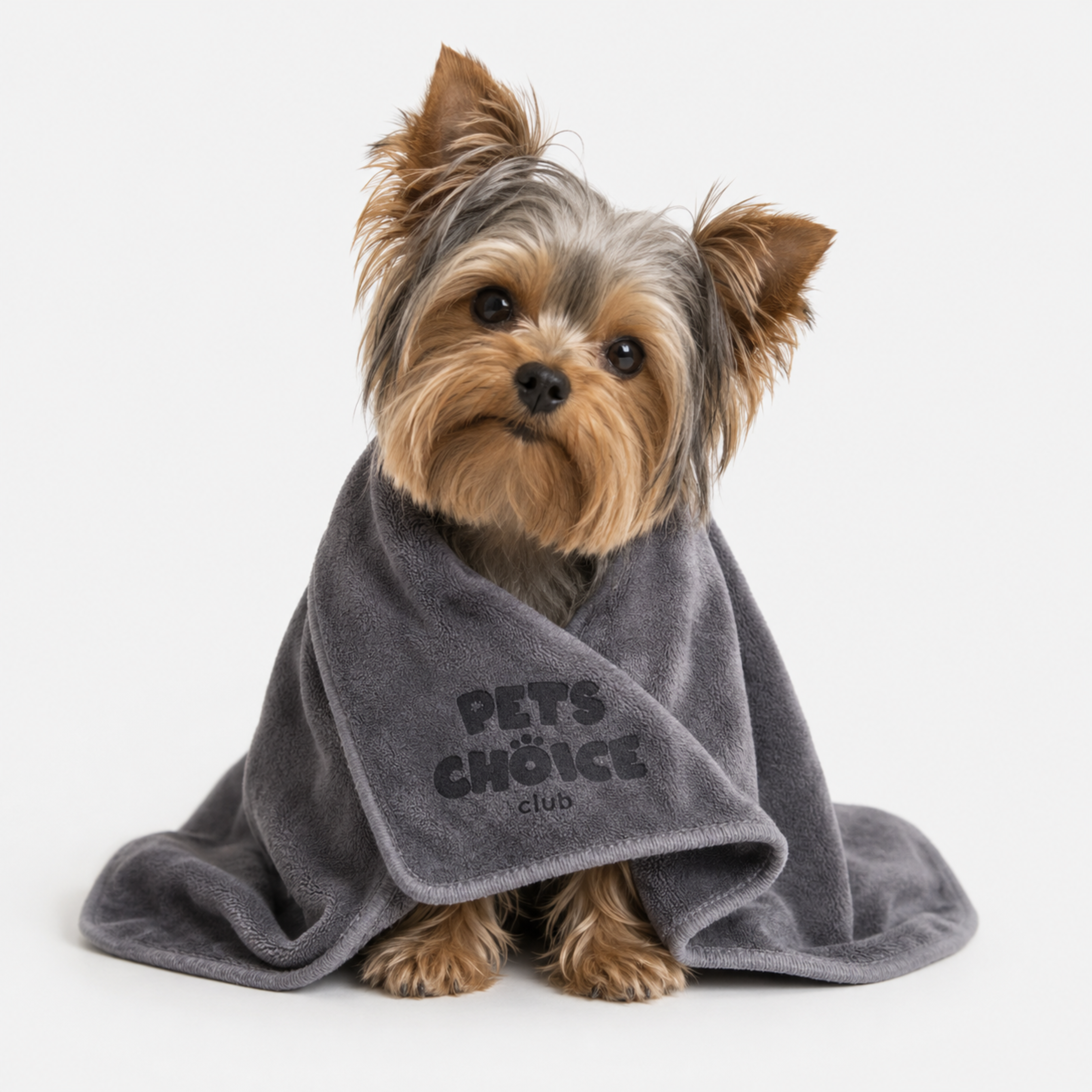 A small Yorkshire Terrier sits wrapped in a gray plush towel blanket printed with the 'Pets Choice Club' logo, set against a plain light gray background.