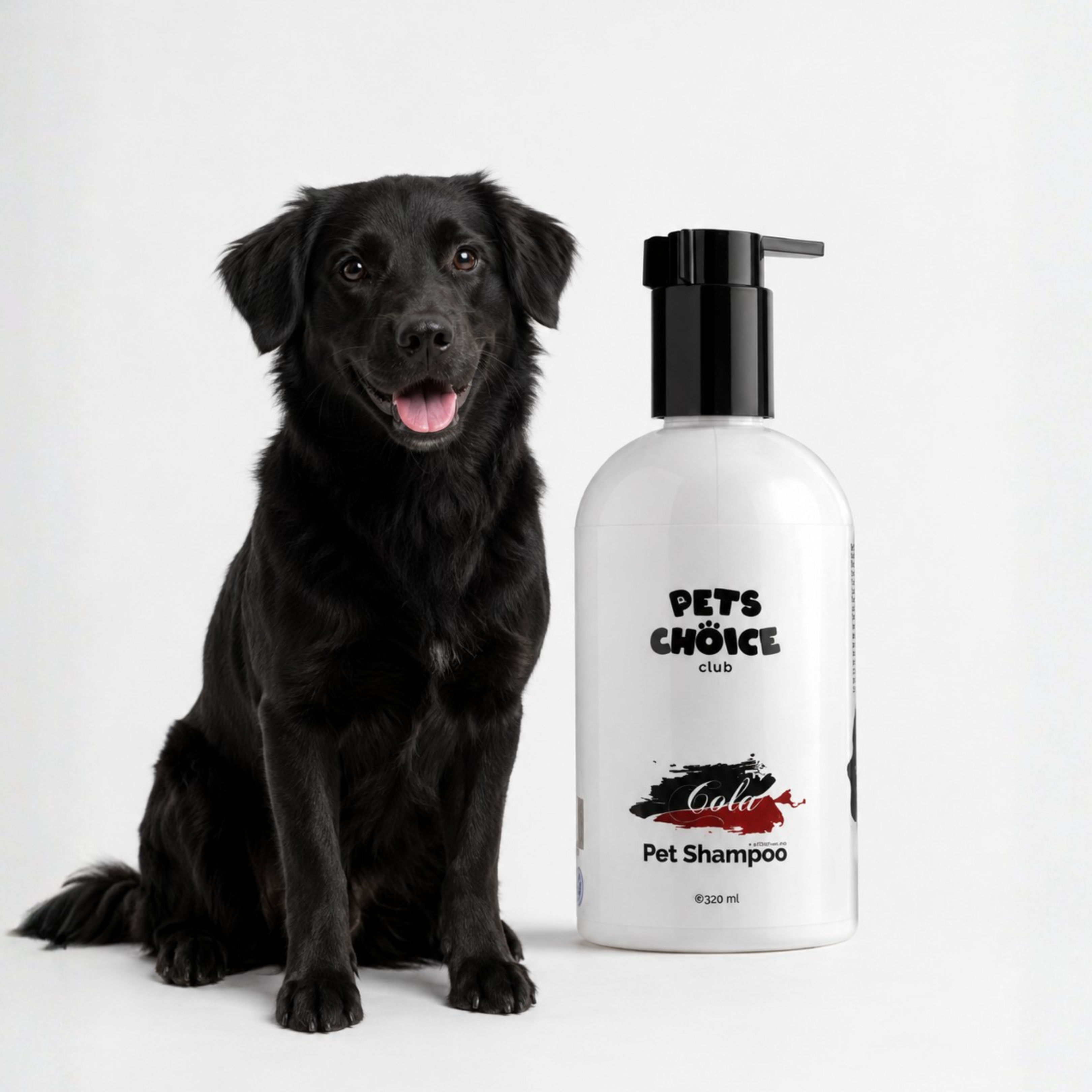 A black dog sitting next to a white bottle of Pet's Choice Cattle Pet Shampoo against a plain white background.