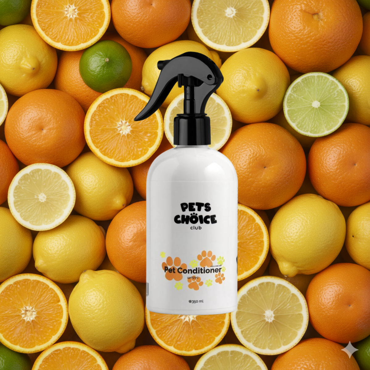 Pet conditioner bottle surrounded by citrus fruits on a colorful background