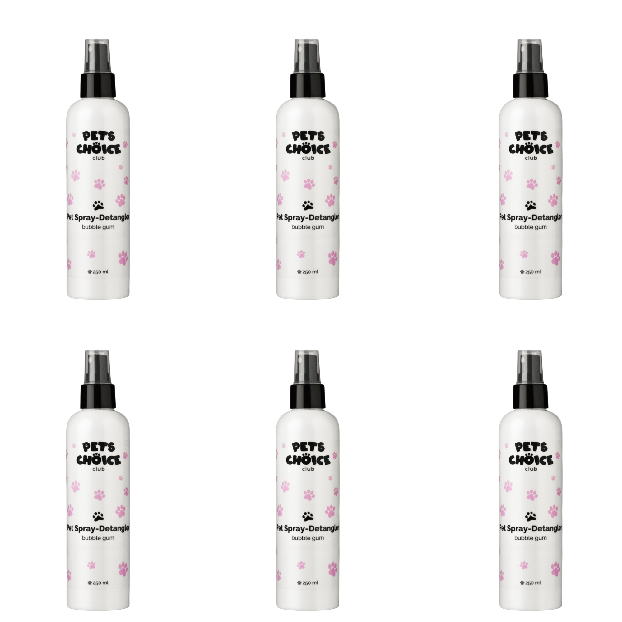 Six bottles of Pets Choice pet detangling spray on a white background