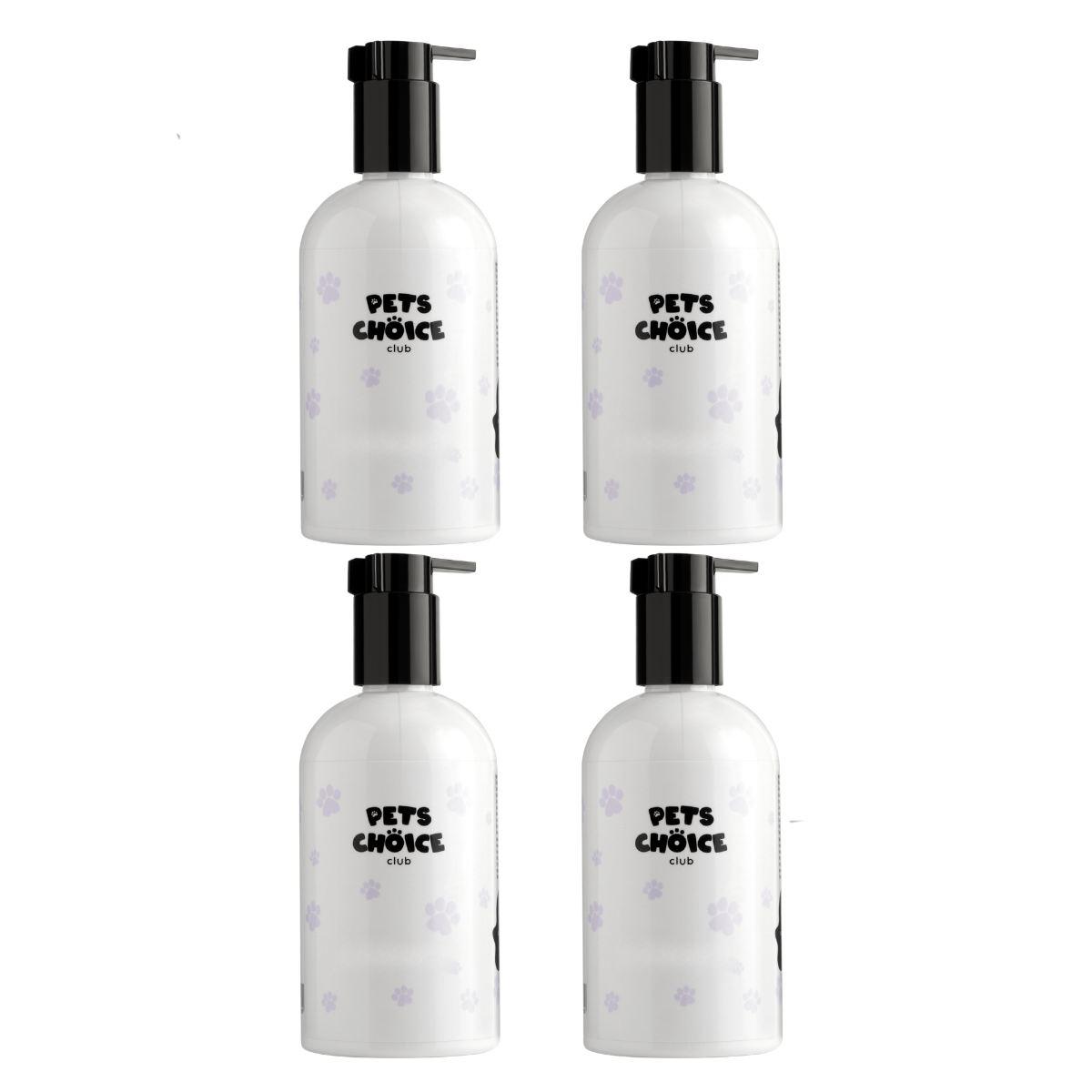 Four white bottles with black pumps labeled 'Pets Choice' on a white background
