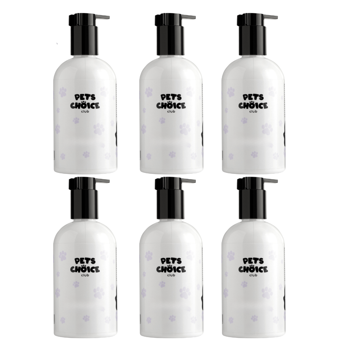 Six bottles of 'Pets Choice' pet grooming product on a white background