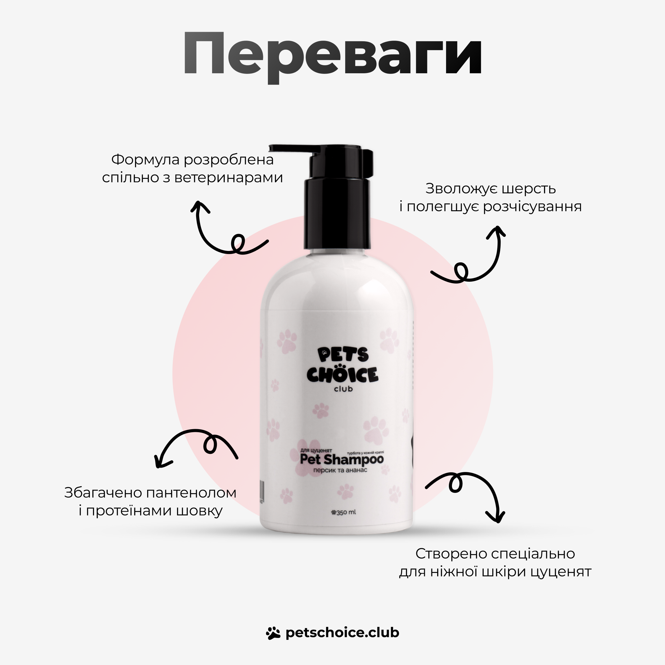 Pet shampoo bottle with text on a white background