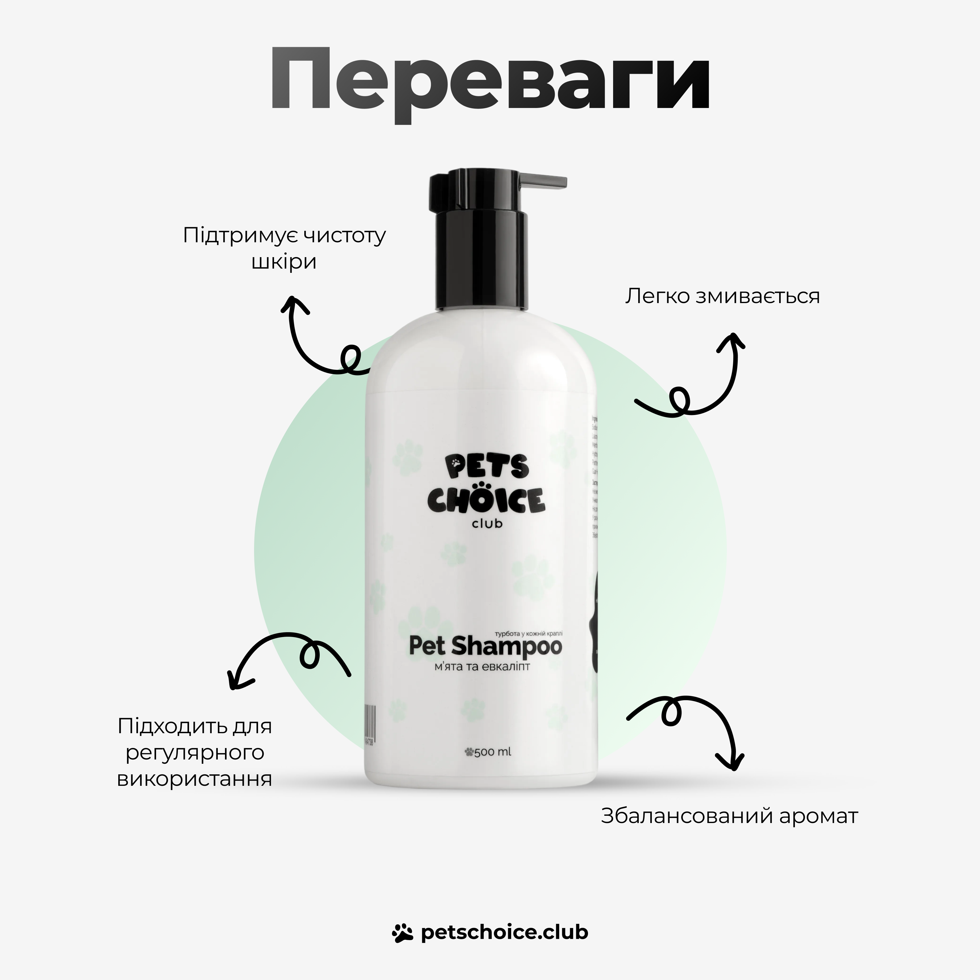 Pet shampoo bottle with features listed on a white background