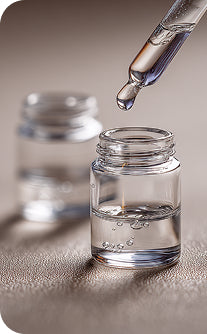 Glass dropper bottle being used to add liquid to a small glass container on a neutral background