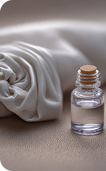 Small glass bottle with cork lid on a textured surface