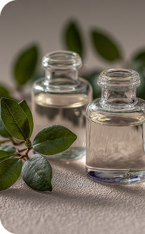 Two small glass bottles with clear liquid on a light surface with green leaves.