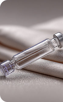 Clear glass bottle with silver cap on a textured surface
