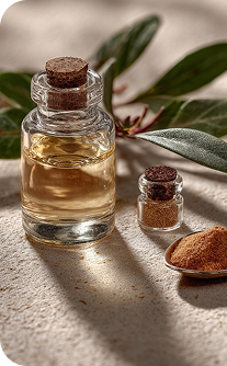 Small glass bottle with cork lid containing a clear liquid, surrounded by leaves on a textured surface.