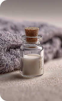 Small glass bottle with cork lid containing a white powder, placed on a textured surface with a towel in the background.