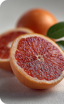 Close-up of a halved blood orange with a whole orange in the background.