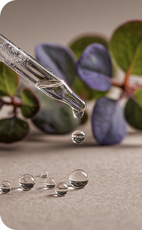 Close-up of a dropper with liquid near leaves on a textured surface
