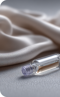 Clear cylindrical object on a textured surface with beige fabric in the background