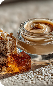 Jar of cream with honeycomb and honey on a wooden surface
