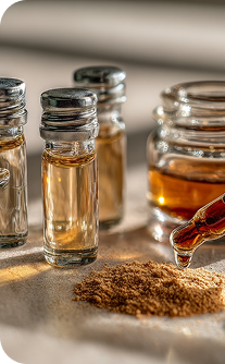 Small glass bottles with liquid and a jar of brown powder on a reflective surface.