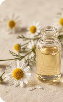 Glass bottle of oil with daisies on a light background