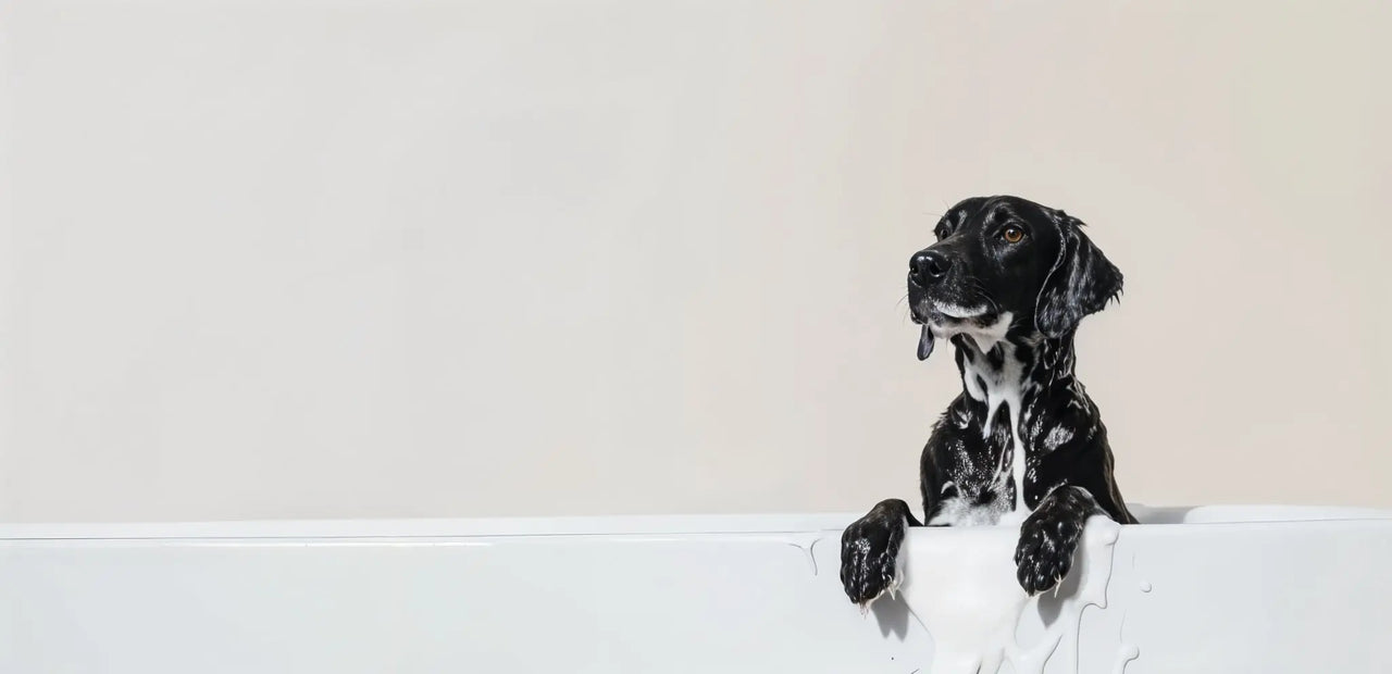 Black and white dog sitting on a white surface with a plain background